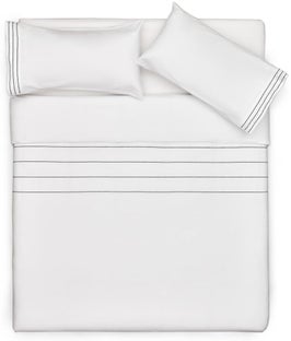 Komplet pościeli białej z bawełny perkalowa wzór paski 135x200 cm – obraz-1
