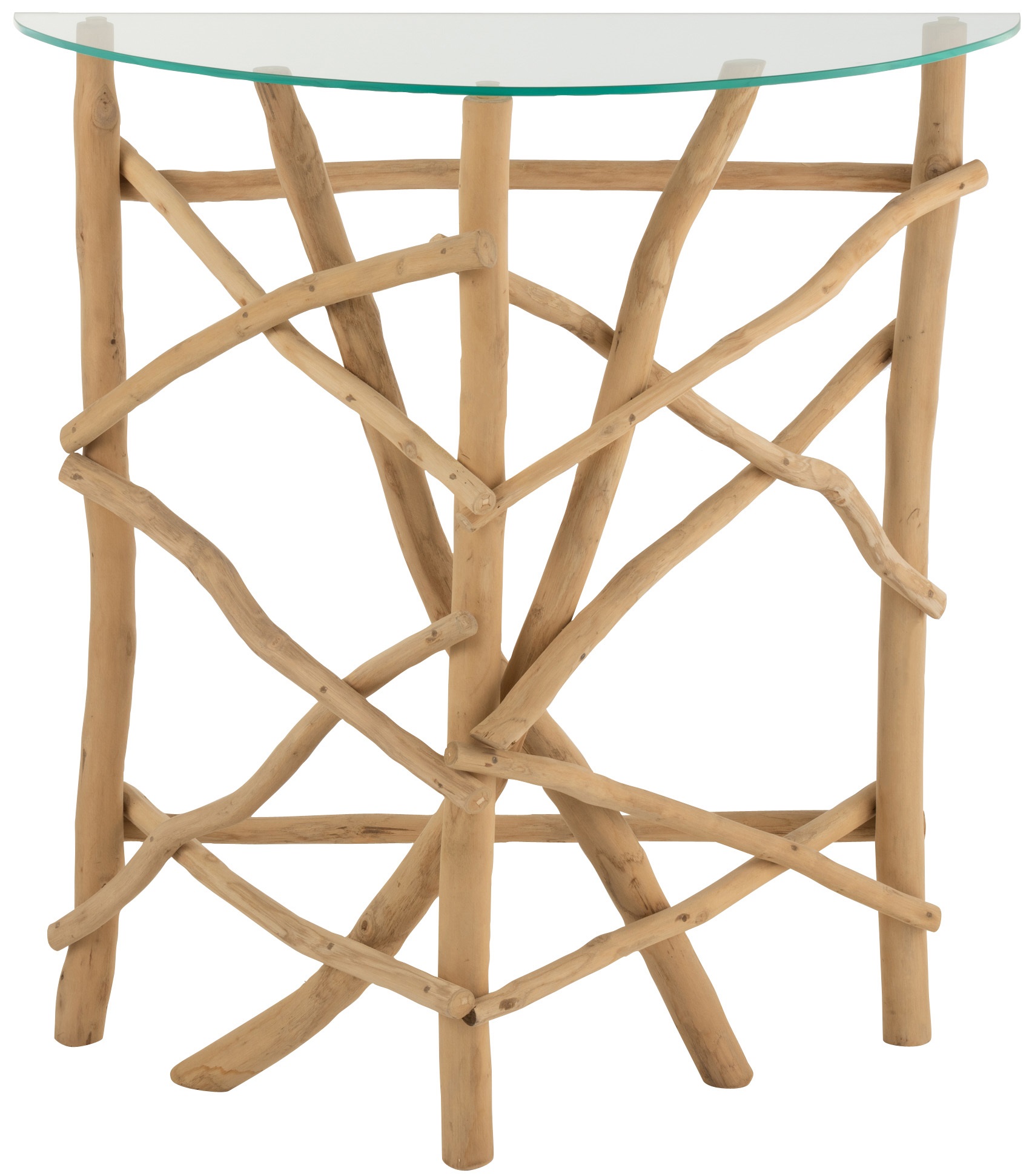 Konsola półokrągła ze szklanym blatem i drewnianą podstawą 90x35 cm – obraz-1