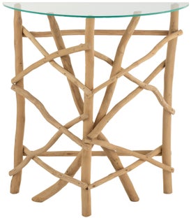 Konsola półokrągła ze szklanym blatem i drewnianą podstawą 90x35 cm – obraz-1