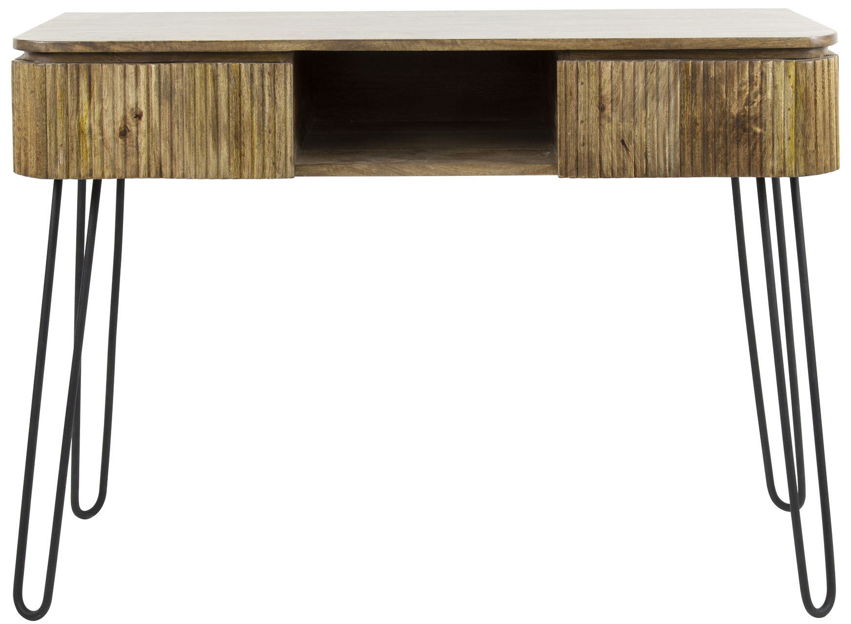 Konsola do sypialni z 2 szufladami drewno mango i czarny metal 110x40 cm – grafika-1.