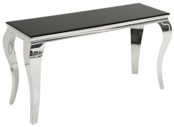 Czarna konsola ze szklanym blatem i stalowymi nogami w stylu glamour – grafika-1.