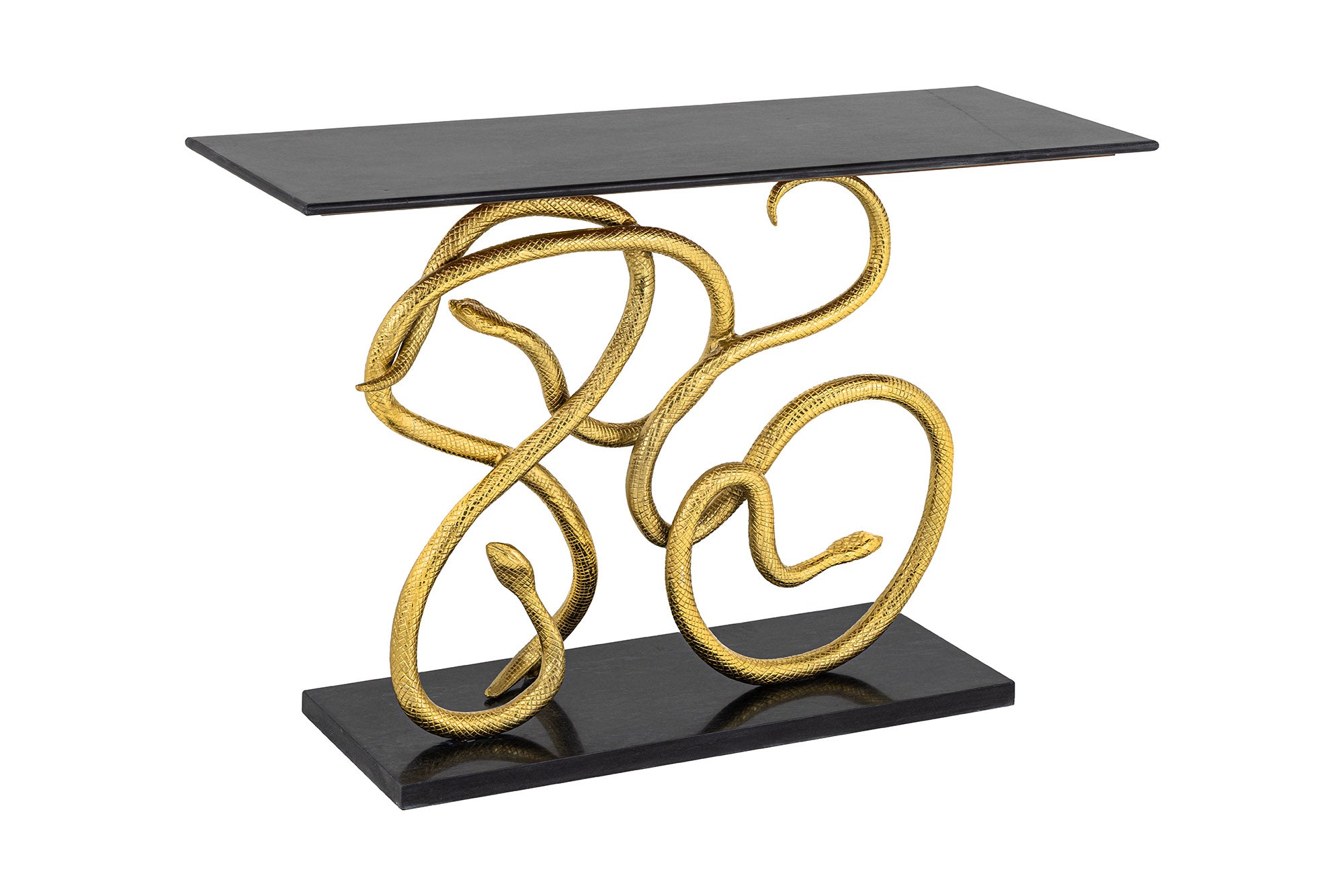 Konsola WILDLIFE SNAKE 115 cm złota rama, czarna marmurowa podstawa i blat – grafika-1.