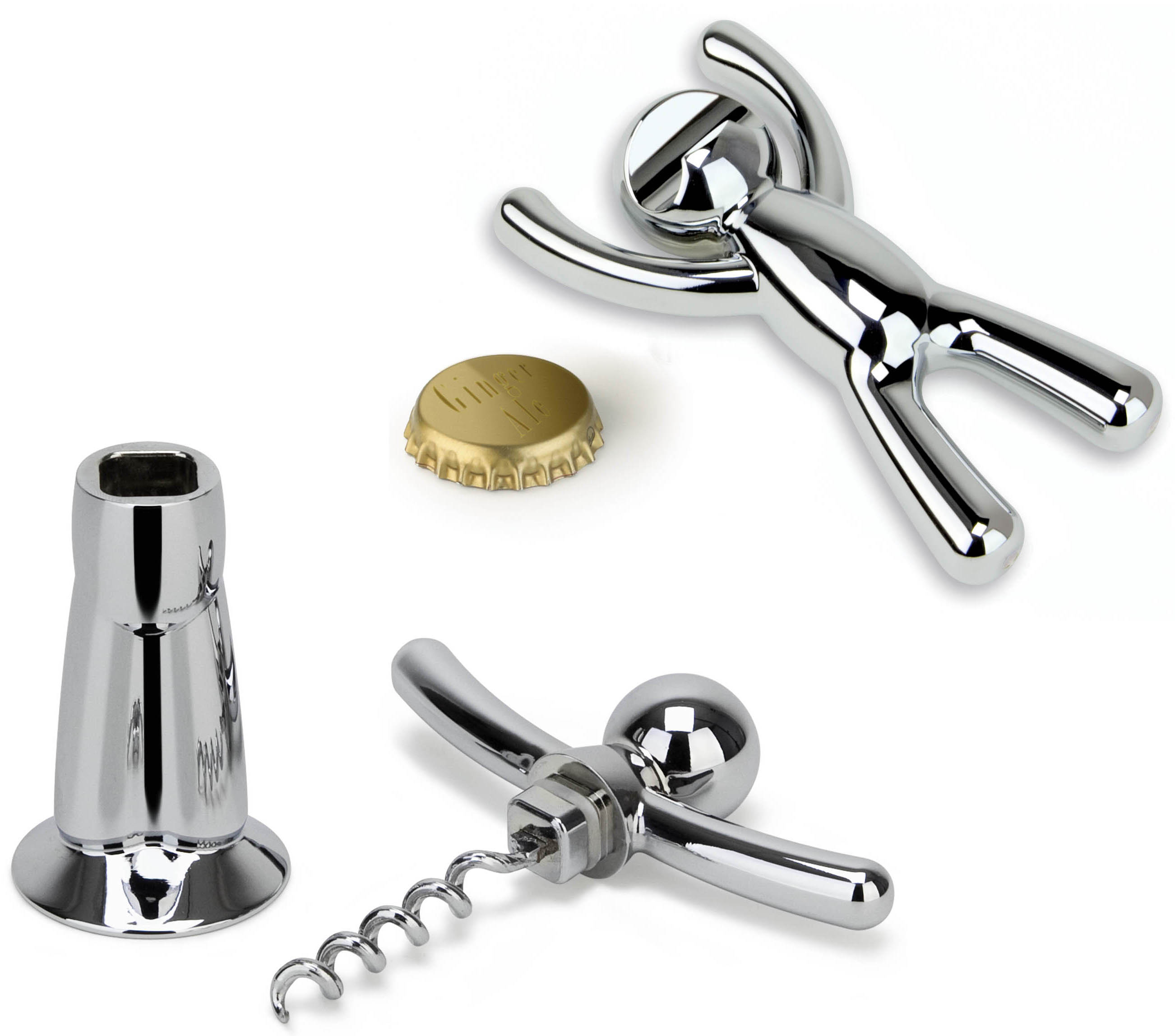 Korkociąg i otwieracz w kształcie ludzika metalowy srebrny – obraz-1