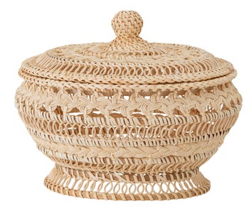 Kosz dekoracyjny Nil z pokrywką z rattanowym wzornictwem Ø22 cm – obraz-1