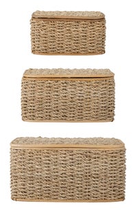 Kosze do przechowywania z pokrywką naturalne (3-set) – obraz-1
