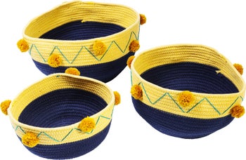 Koszyki dekoracyjne z pomponami niebieskie (3-set) – obraz-1