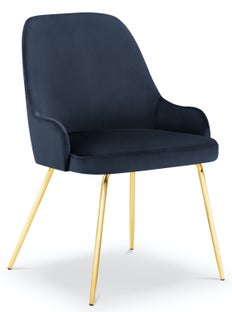 Krzesło do salonu z podłokietnikami welurowe granatowe nogi złote – obraz-1