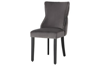 Krzesło CASTLE DELUXE uchwyt głowa lwa, welwet szary, czarne nogi, styl chesterfield – grafika-1.