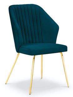 Krzesło do salonu pikowane welurowe niebieskie nogi złote – obraz-1