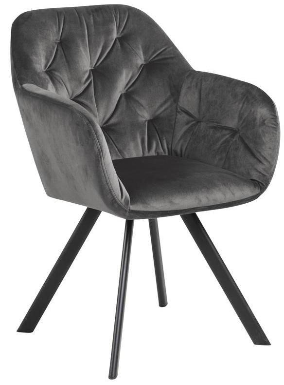 Krzesło welurowe z podłokietnikami pikowane szare nogi czarne  – obraz-1