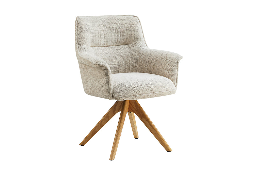 Krzesło obrotowe LE GRAND 180° podłokietniki, tkanina szanel beżowa, nogi dębowe – grafika-1.