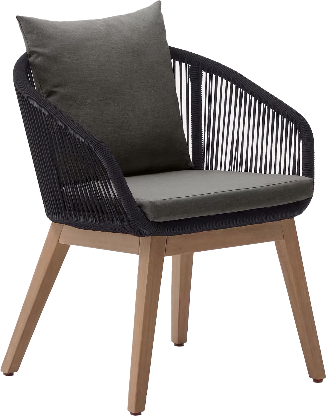 Krzesło ogrodowe z podłokietnikami Spence siedzisko ręcznie pleciona lina czarne - podstawa drewno akacjowe naturalne 63x76 cm – obraz-1