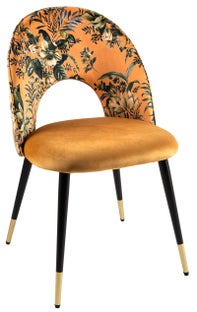 Krzesło tapicerowane do jadalni motyw kwiatowy aksamit żółty metalowe nogi czarne – grafika-1.