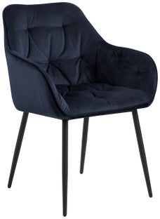 Krzesło z podłokietnikami do jadalni welurowe pikowane ciemnoniebieskie - nogi metalowe czarne 58x83 cm – obraz-1
