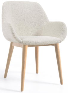 Krzesło z podłokietnikami wełniane białe nogi drewniane – obraz-1