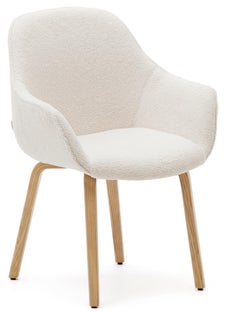 Krzesło z podłokietnikami tkanina pluszowa biała nogi drewno jesionowe naturalne 62x85 cm – obraz-1