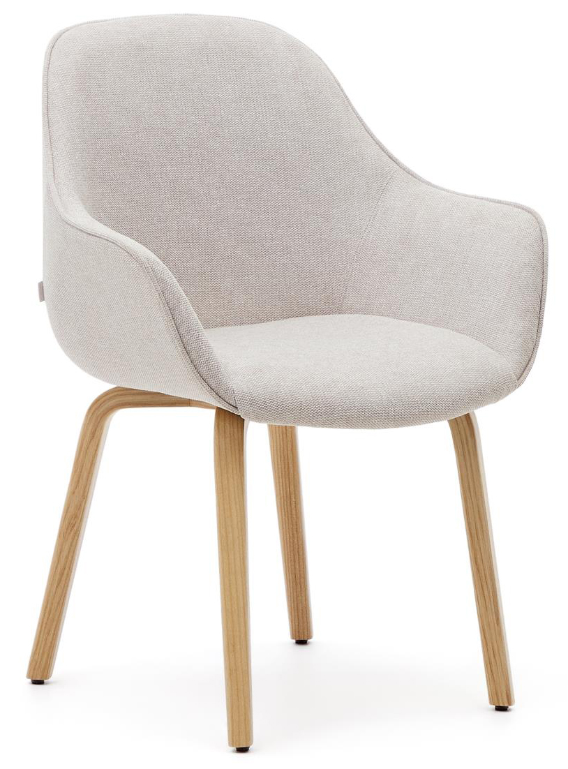 Krzesło z podłokietnikami tkanina szenilowa beżowa nogi drewno jesionowe naturalne 62x85 cm – obraz-1