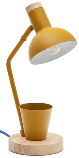 Lampa biurkowa z przybornikiem musztardowa metal i drewno 23x37 cm – obraz-1