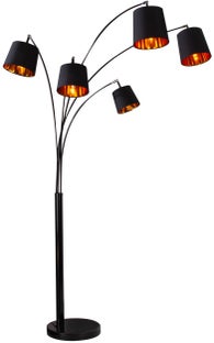 Lampa podłogowa z czarno-złotymi abażurami z tkaniny stylowa i nowoczesna – grafika-1.