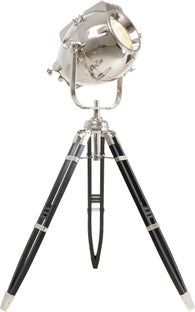 Lampa podłogowa reflektor aluminium drewno mango srebrno- czarna 230 cm  – obraz-1