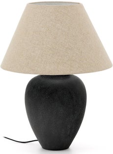 Lampa stołowa ceramiczna czarna z beżowym abażurem Ø38x60 cm – obraz-1