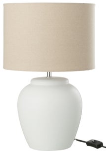 Lampa stołowa ceramika biała abażur lniany naturalny Ø28x48 cm – obraz-1