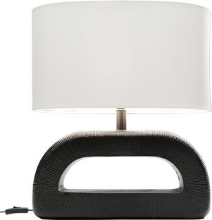 Lampa stołowa podstawa czarna z aluminium abażur lniany biały 46x52 cm – obraz-1