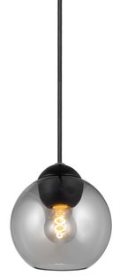 Lampa wisząca kula przydymiona szara z czarną matową podstawą szkło metal Ø14 cm – obraz-1