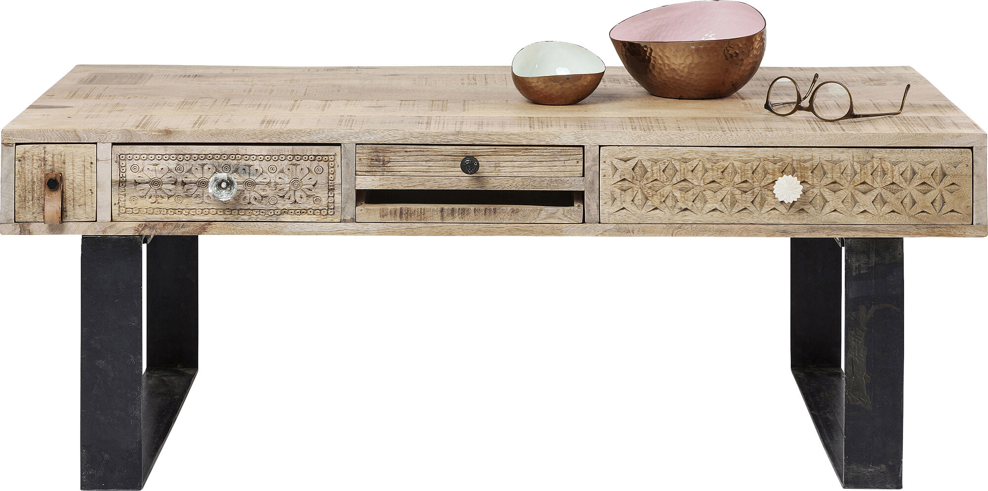 Ława drewniana nogi metalowe szuflady zdobienia ozdobne gałki 120x60 cm – obraz-1