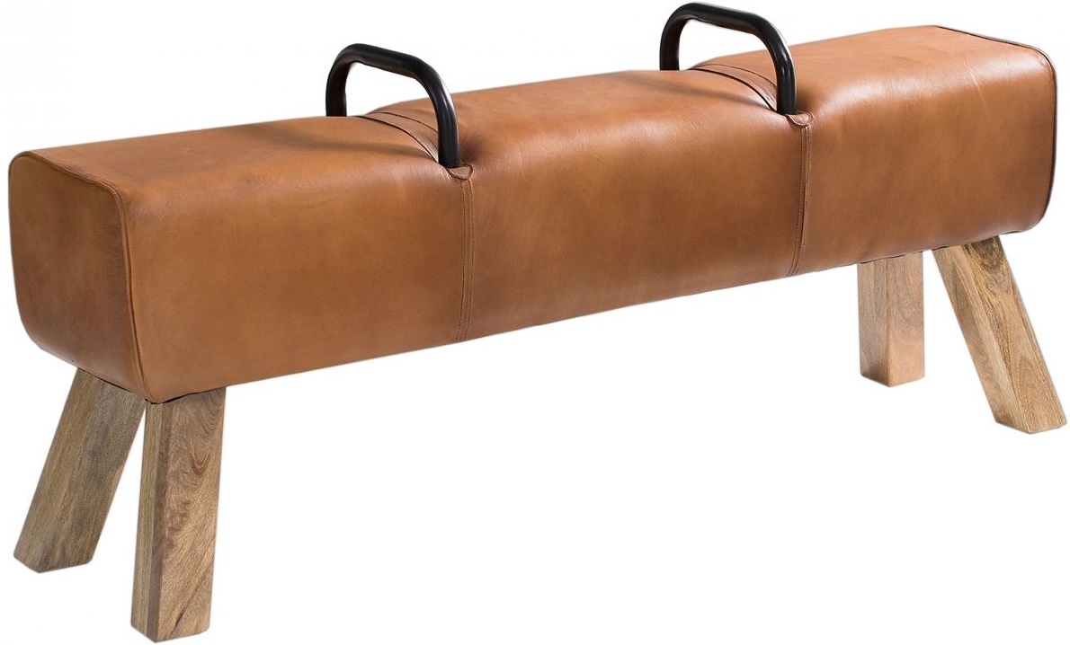 Elegancka ławka z naturalnej skóry z drewnianymi nogami 134x60 cm – grafika-1.
