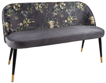 Szara ławka tapicerowana do przedpokoju motyw kwiatowy z metalowymi nogami – grafika-1.