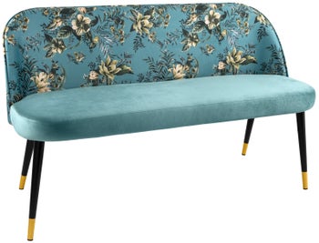 Tapicerowana ławka do przedpokoju kwiatowy wzór turkusowy metalowe nogi czarne – grafika-1.