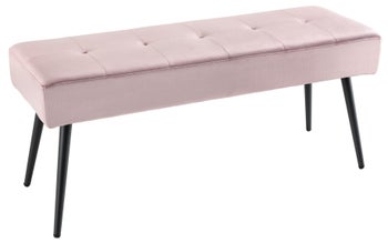 Stylowa różowa aksamitna ławka z czarnymi metalowymi nogami – grafika-1.
