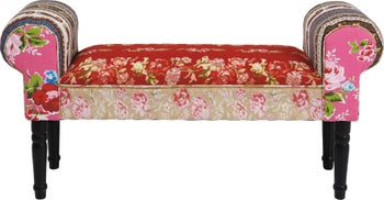 Ławka drewniana kolorowa tkanina nogi czarne 100x30 cm – obraz-1
