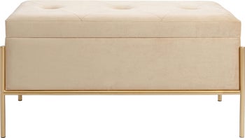 Ławka ze schowkiem metalowa tkanina beżowa nogi złote 80x40 cm – obraz-1