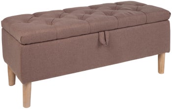Ławka ze schowkiem pikowana jasnobrązowa nogi drewniane naturalne 100x45 cm 100x45 cm – obraz-1