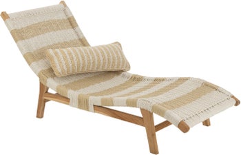 Leżak drewniany z syntetycznym siedziskiem w paski beżowo-biały 168x78 cm – obraz-1
