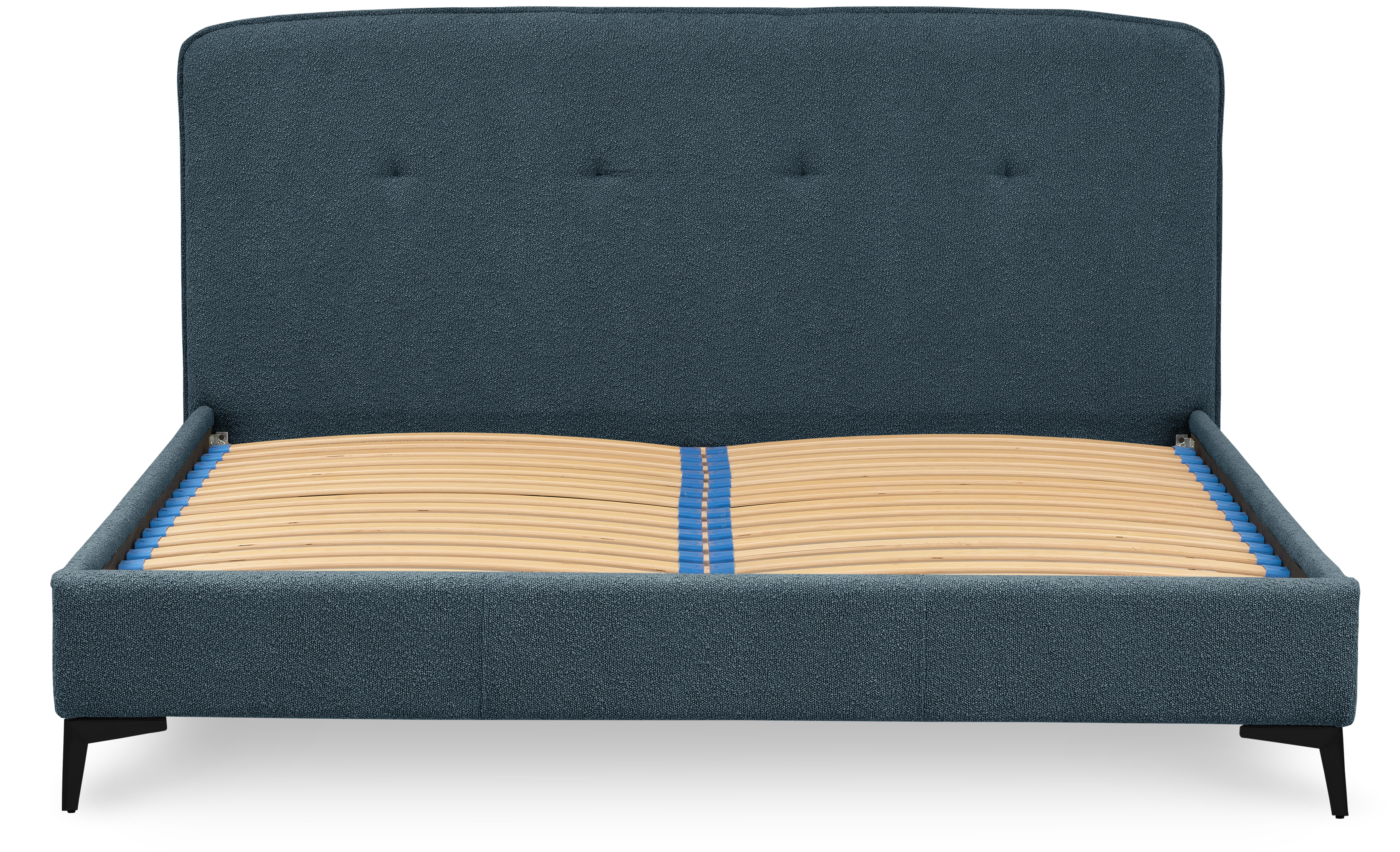 Łóżko z zagłówkiem granatowe nogi metal 140x200 cm tkanina boucle – obraz-1