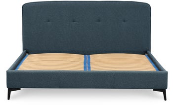 Łóżko z zagłówkiem granatowe nogi metal 140x200 cm tkanina boucle – obraz-1