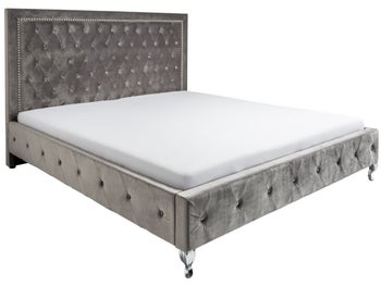 Łóżko z zagłówkiem pikowane aksamit srebrnoszare z chromowanymi nogami 180x200 cm – grafika-1.