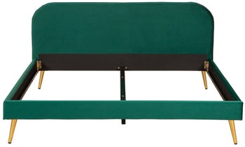 Łóżko z wezgłowiem tapicerowane aksamit szmaragdowe nogi złote 140x200 cm – obraz-1