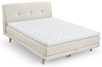 Łóżko kontynentalne drewniane kremowe 200x200 cm – obraz-1