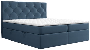 Łóżko kontynentalne z pikowanym zagłówkiem i 2 pojemnikami welurowe niebieskie 180x200 cm – obraz-1