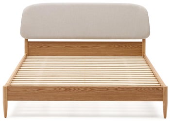 Łóżko podwójne drewno i sklejka jesionowa z tapicerowanym białym zagłówkiem 160x200 cm – obraz-1