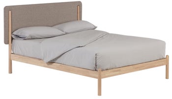 Łóżko drewniane z tapicerowanym zagłówkiem szare 160x200 cm – obraz-1