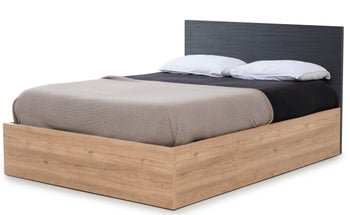 Łóżko z pojemnikiem nowoczesne 140x190 cm naturalne zagłówek czarny – obraz-1