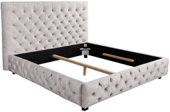 Łóżko z zagłówkiem pikowany w kolorze szarym z aksamitnego materiału stylowe z nogami drewnianymi – grafika-1.