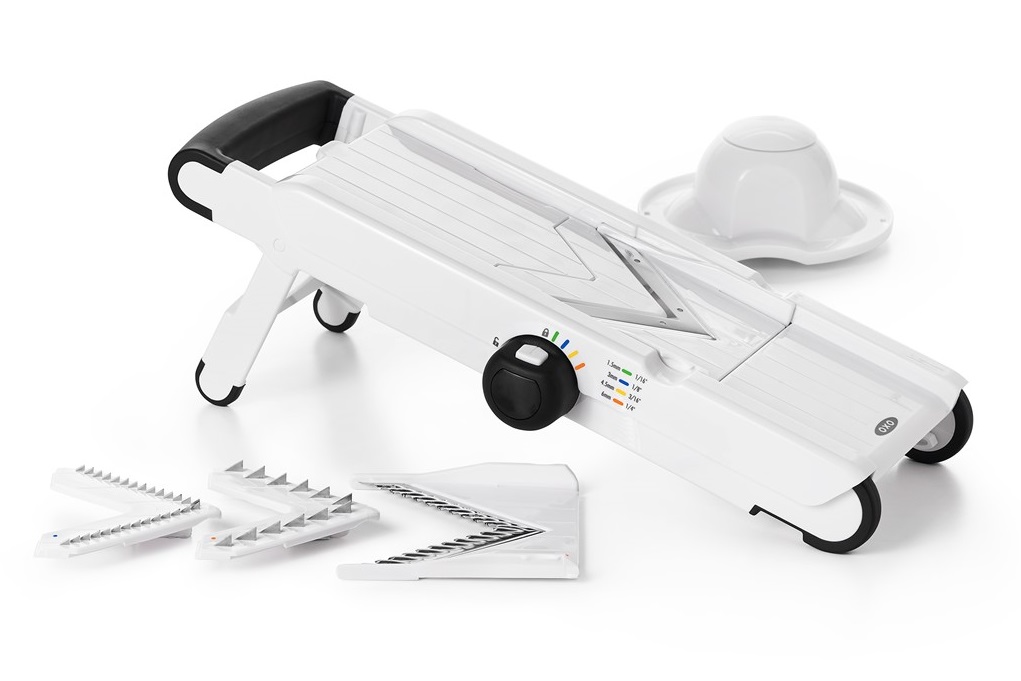 Mandolina biało - czarna z kompletem 4 stalowych ostrzy i regulacją grubości obudową z tworzywa sztucznego – grafika-1.