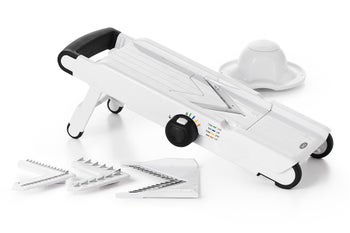 Mandolina biało - czarna z kompletem 4 stalowych ostrzy i regulacją grubości obudową z tworzywa sztucznego – grafika-1.