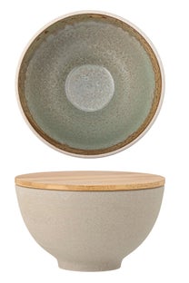 Miska z kamionki z bambusową pokrywką kremowa – obraz-1